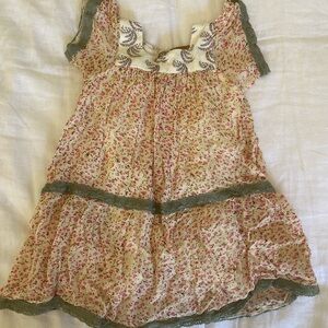 I Love Gorgeous Cream Dress with Pink Floral Print and Olive Trim
